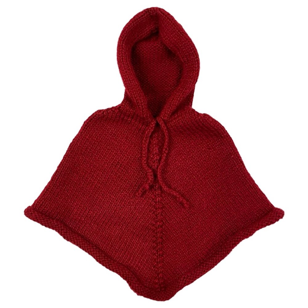 Vintage Infant Girls Hand Knit Poncho Burgundy Pullover Hooded Poncho 12 months